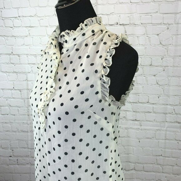 Cynthia Rowley Top S Polka Dot Ruffles Popover Cream Black Sleeveless Shirt - Picture 2 of 6